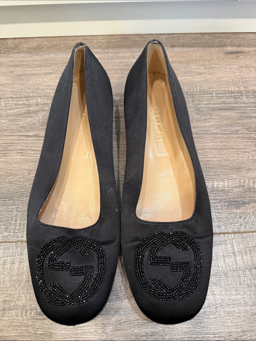 Gucci Black Satin Beaded Interlocking G Ballet Flats